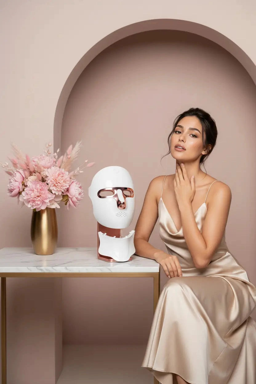 The Glow Care 7-Color LED Face & Neck Mask – Light Therapy for Anti-Aging, Dark Spots, Blemishes & Radiance – Rechargeable